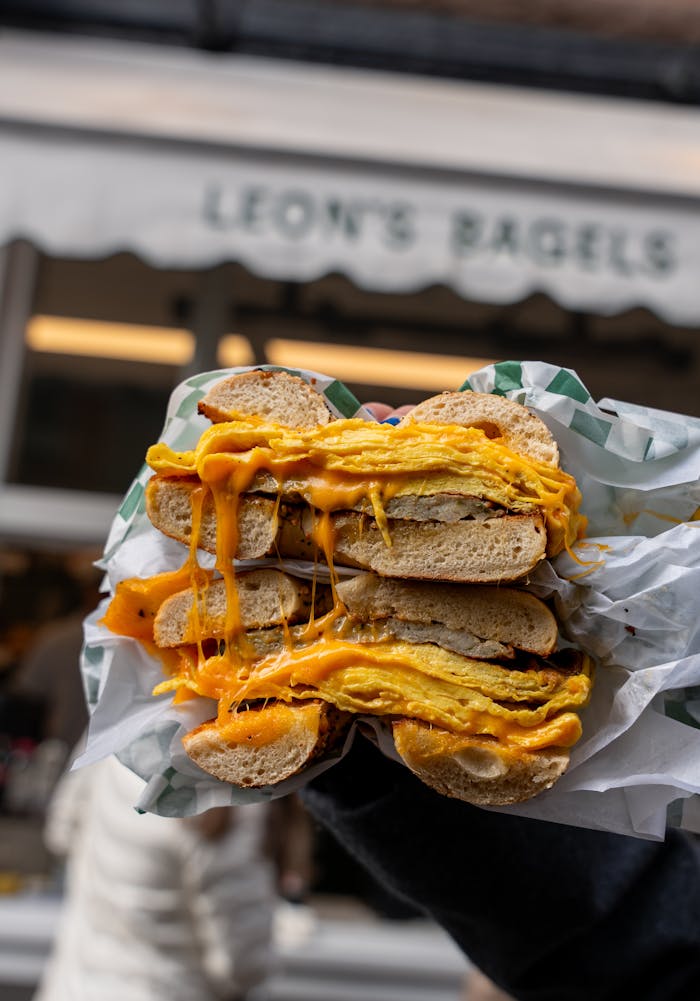 Mouthwatering egg and cheese bagel from Leons Bagels in NYC.